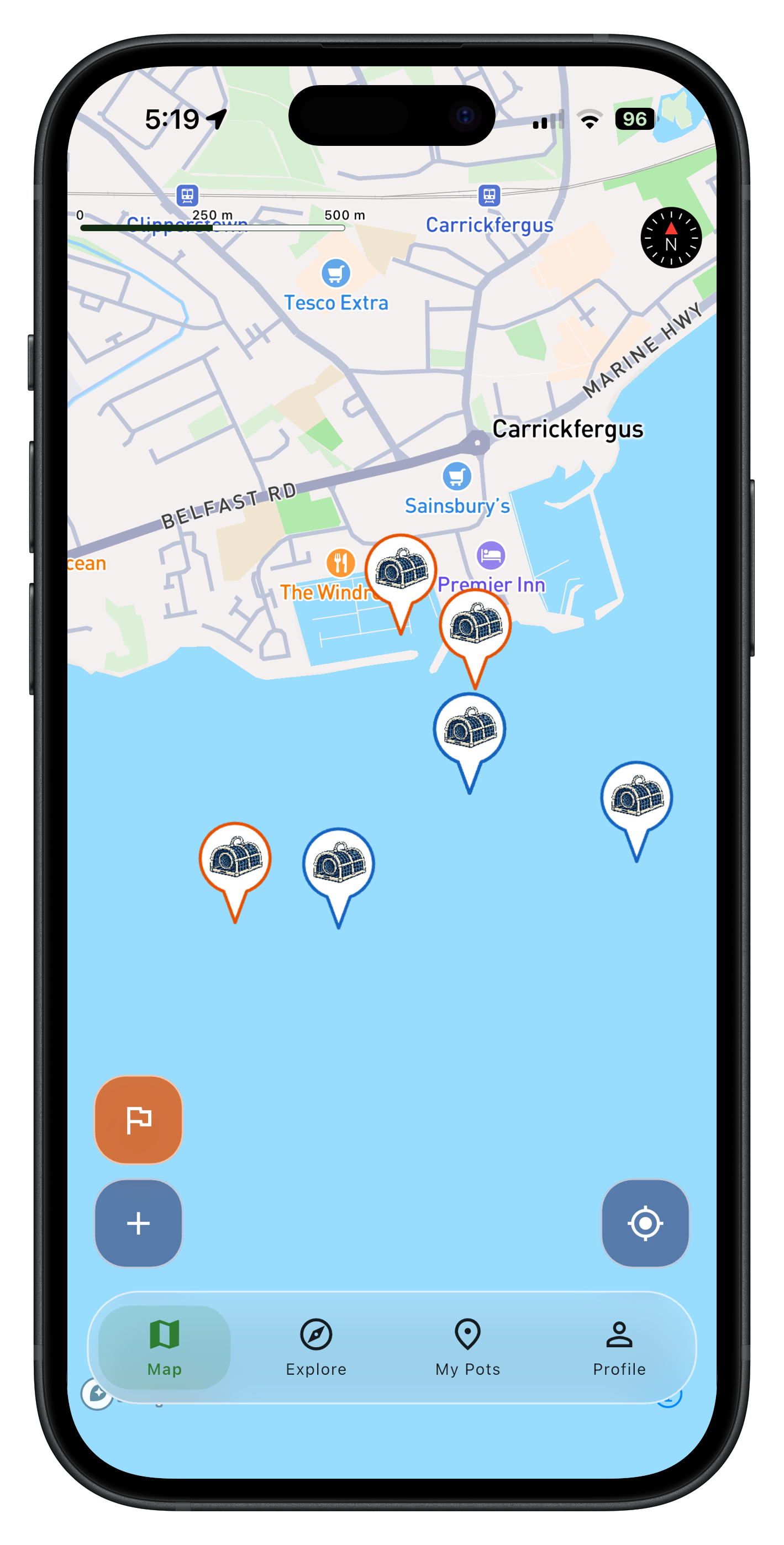 Map view showing your fishing pots